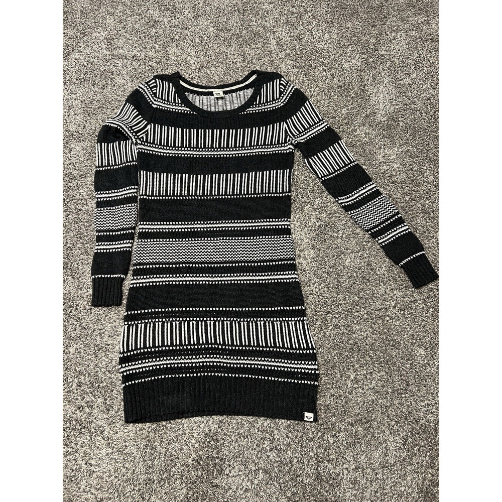 Roxy Women Sweater Dress Large Black White Striped Bodycon Knit Long Sleeve Mini